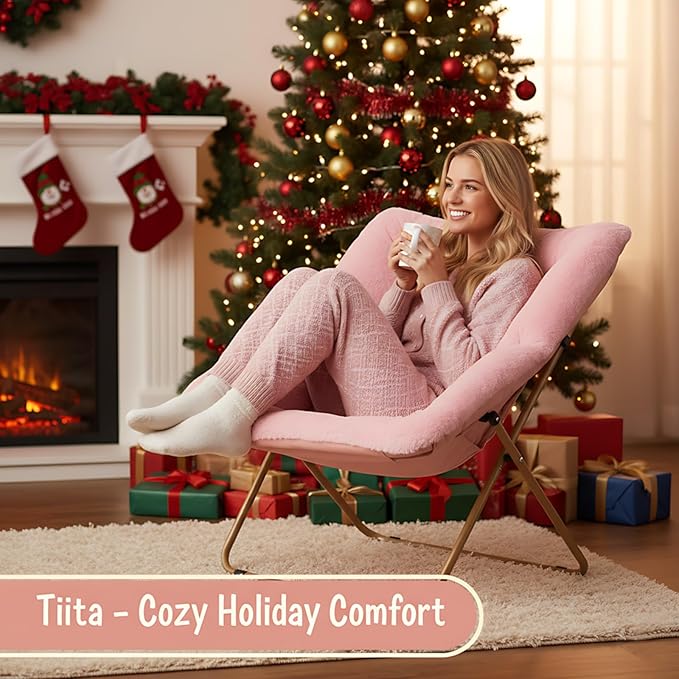 Tiita Comfy Folded Chair, Soft Faux Fur Oversized Folding Accent Chair, Lounge Lazy Chair for Kids Teens Adults, Metal Frame Moon Chair for Bedroom, Living Room, Dorm Rooms, X-Large Pink
