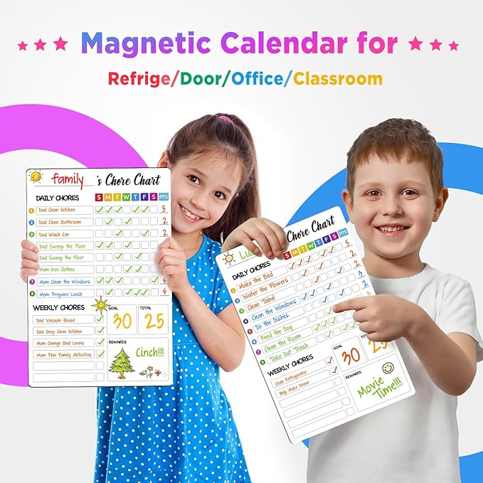 Chore Chart for Kids with 8 Markers, 2 Pack 8"x12" Chore Chart for Kids Multiple Kids, Behavior Chart for Kids at Home, Responsibility Chart for Kids/Teens/Adults, Magnetic White Chore Board