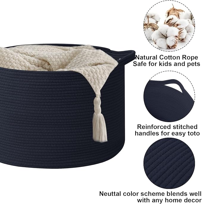 Large Storage Basket with Handle,23.6" x 23.6" x 15.7" Blanket Basket Storage Bins for Organizing,65L Cotton Rope Woven Baskets for Living Room, Nursery,Bedroom,Navy