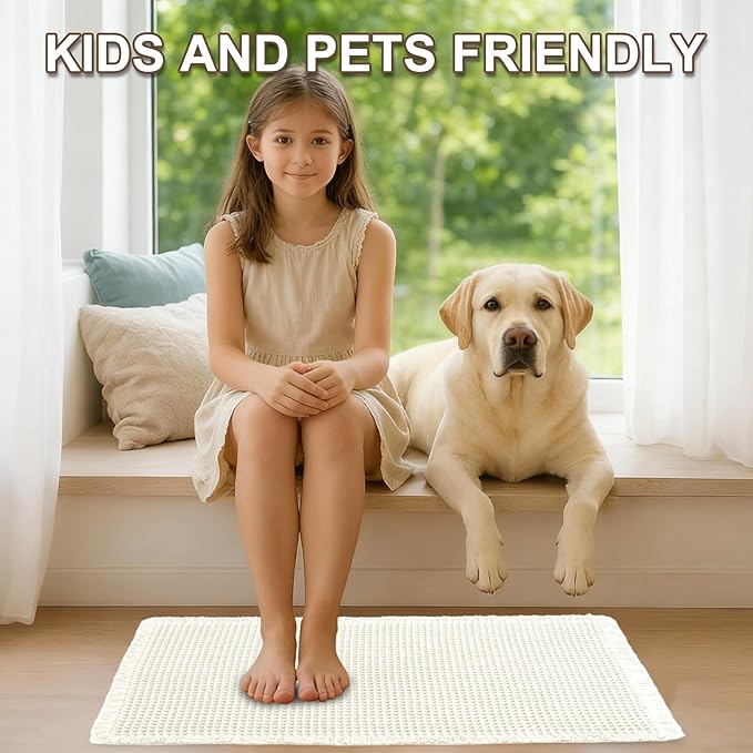 Hiasan Waffle Bath Mat, Super Absorbent Non Slip Bathroom Boho Rug with Tassels, Machine Washable Bath Mats for Bathroom, Ultra Soft Rubber Backed Rug, White, 20 x 32 Inches