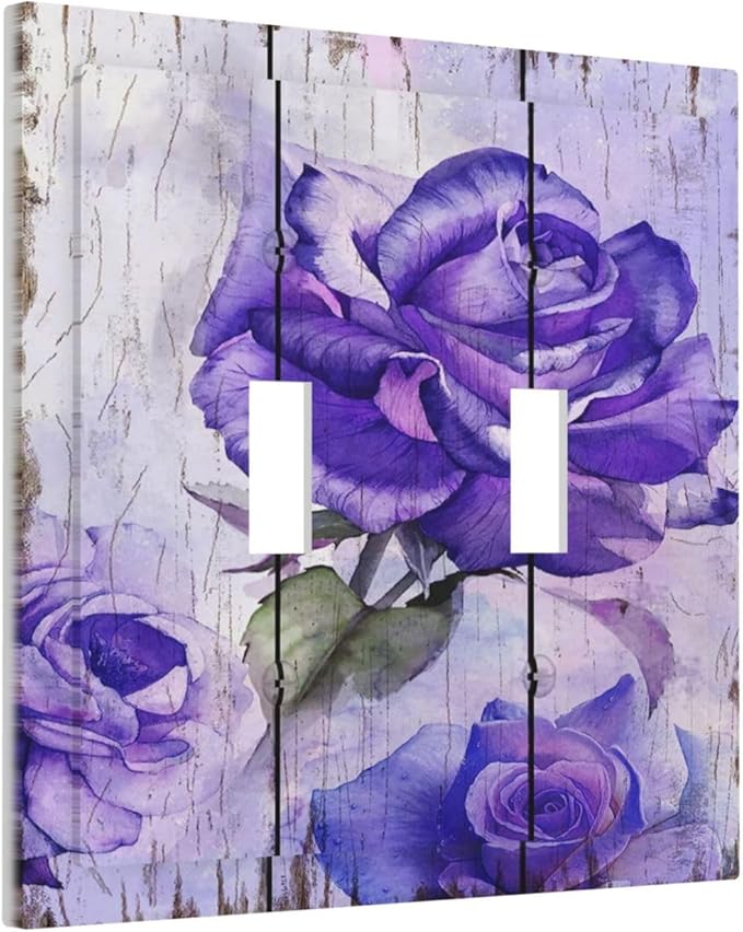 Light Switch Cover Purple Rose Flower Rustic Wood Plank 2 Gang Wall Plate Double Light Switch Plate Toggle Decorative Outlet Covers Electrical Switchplate for Farmhouse Bathroom Decor