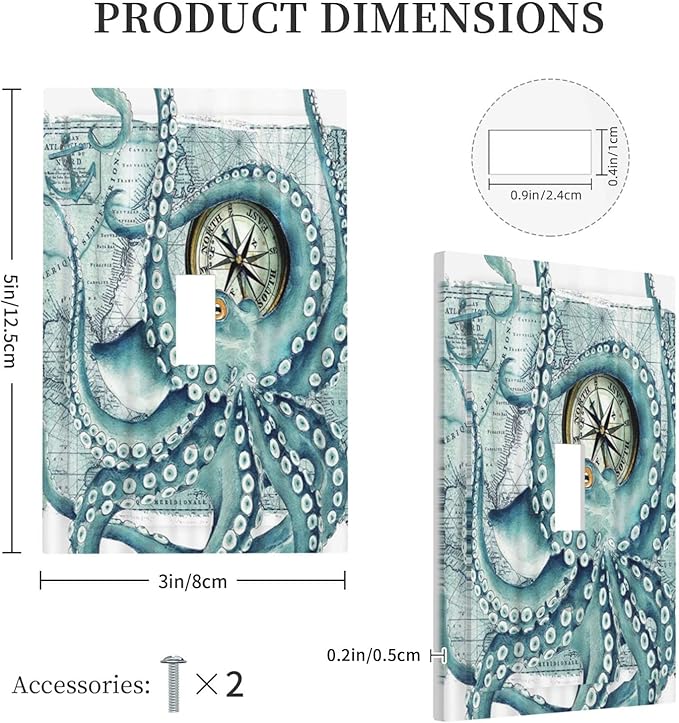 Vintage Nautical Octopus Eyes Funny Ocean Kraken Single Toggle Light Switch Covers Decorative 1 Gang Wall Plates Cover Compass Pirate Map Electrical Device Switchplate for Farmhouse Bathroom