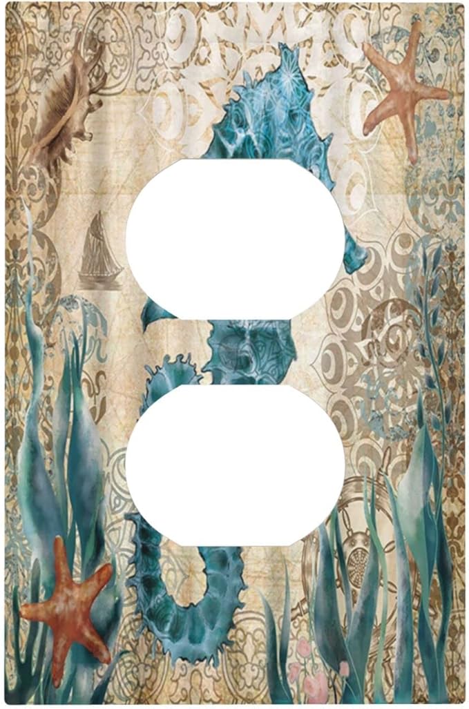 Vintage Blue Seahorse Seaweed Starfish Ocean Nautical Theme 1 Gang Duplex Outlet Cover Faceplate Decorative Wall Plate Single Receptacle Light Switch Cover Electrical Switchplate for Farm Home