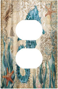 Vintage Blue Seahorse Seaweed Starfish Ocean Nautical Theme 1 Gang Duplex Outlet Cover Faceplate Decorative Wall Plate Single Receptacle Light Switch Cover Electrical Switchplate for Farm Home