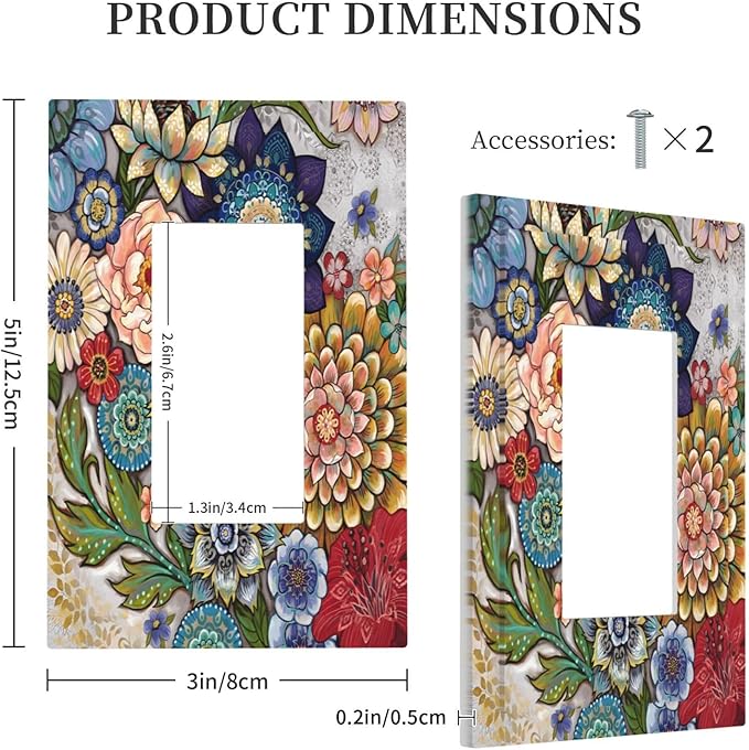 Boho Floral Colorful Floral Multi Color Flower Decorative Outlet Covers 1 Gang Single Rocker Light Switch Cover Plate Wall Plates GFCI Faceplate for Bedroom Living Room Home Decor
