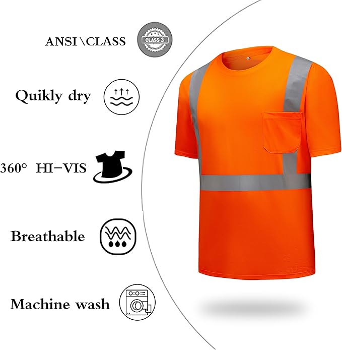 High Visibility Shirts Quick Dry Safety T Shirts with Reflective Strips and Pocket Short Sleeve Mesh Hi Vis Construction Work Class 2 Shirt for Men/Women Orange,Large