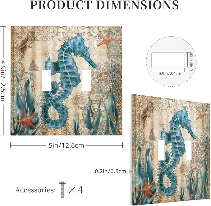 Vintage Blue Seahorse Seaweed Starfish Ocean Nautical Theme Double Toggle Light Switch Cover Decorative 2-Gang Wall Plate Cover Dual Device Electrical Switchplate Faceplate for Farm Bathroom