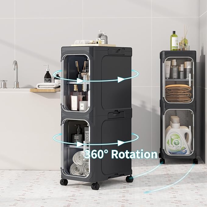 KHNR 2-Tiers Slim Bathroom Storage Cabinet, Foldable Storage Cabinets,Narrow Bathroom Storage,Movable Bathroom Storage Organizer for Small Spaces,Bathroom,Kitchen,Laundry,Black