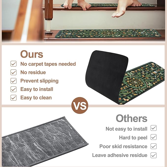 OJIA Black Stair Treads for Wooden Steps Indoor Stair Runners 15PCS 30"x8" Non Slip Stair Treads, Rubber Backed Insect Print Stair Mat Carpet Treads for Kids & Dogs, Stair Covers