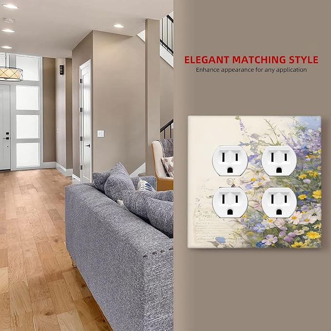Decorative Switch Plate Covers Purple Flower Butterfly Yellow Daisy 2 Gang Outlet Covers Double Duplex Light Switch Cover Plate Gfci Wall Plate for Bathroom Decor