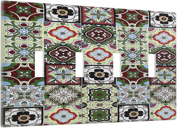Light Switch Covers Talavera Tile Decal Quad Toggle Electrical Faceplate 4 Gang Wall Plate Decorative Switch Plates for Bedroom Bathroom Decor