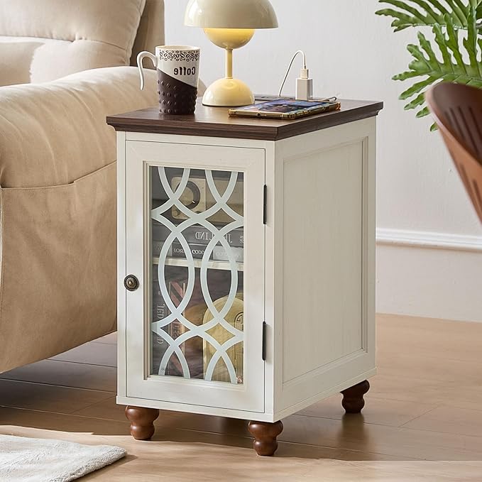 Narrow Side Table with Charging Station, Night Stand with Glass Door, Bedside End Tables with Adjustable Shelf Storage Cabinet,Wood Nightstand for Small Spaces Living Room Bedroom