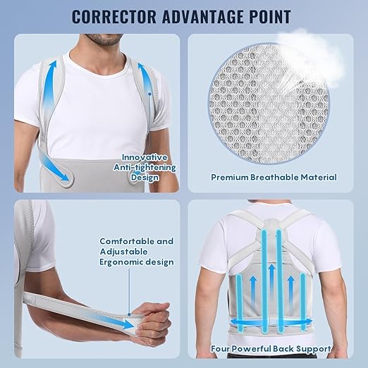 Posture Corrector for Women and Men, Adjustable Back Brace with Full Back Support, Shoulder Straightener for Spine Alignment, Kyphosis, Hunchback, Scoliosis, Lumbar, Spine, Grey (Medium)