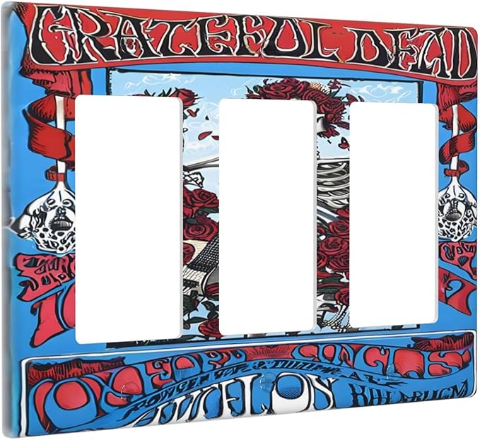 Decorative Outlet Covers Hippy Skull Red Rose Floral 3 Gang Gfci Wall Plate Triple Rocker Light Switch Cover Plate Switch Plate Covers for Bathroom Decor
