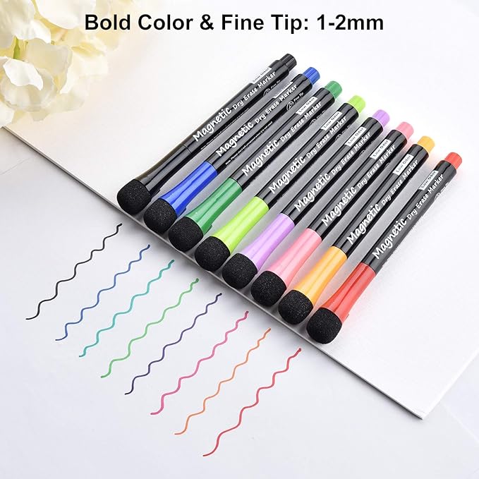 Magnetic Dry Erase Markers, (8 Pack) Dealkits Low Odor White Board Markers Whiteboard Markers with Erasers for Kids Teacher Supplies for Classroom Work on White Board, Calender, Fine Tip Point