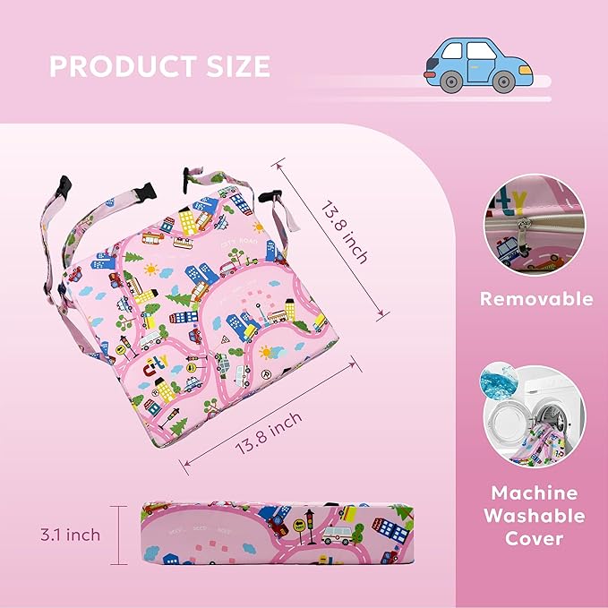 Toddler Booster Seat for Dining Table,Portable Kids Booster Seat - Adjustable, Non-Slip, Lightweight & Easy to Clean (Pink car)