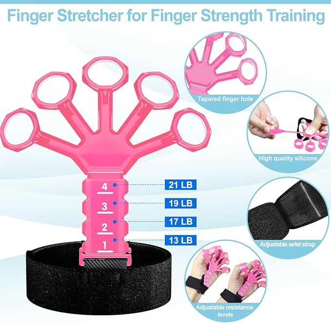 Grip Strength Trainer(5 Pack) with Finger Exerciser, Hand Grip Strengthener, Finger Stretcher,Grip Ring & Stress Relief Ball for Muscle Building and Injury Recover with Carry Bag