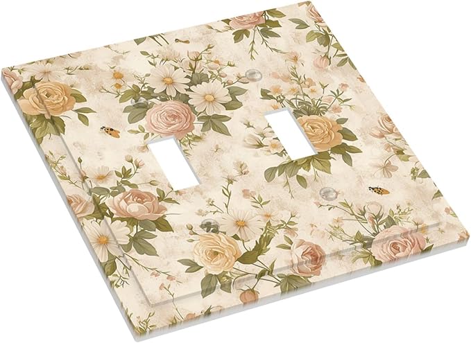 Decorative Switch Plates Boho Vintage Roses Pink Red Yellow Bouquet Floral 2 Gang Double Toggle Outlet Light Switch Cover Wall Plate Electrical Faceplate for Bedroom living Room Decor