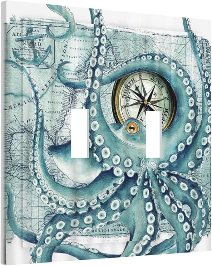 Vintage Nautical Octopus Eyes Funny Ocean Kraken Double Toggle Light Switch Covers Plate Decorative 2-Gang Wall Plate Cover Compass Pirate Map Dual Device Electrical Switchplate for Bathroom