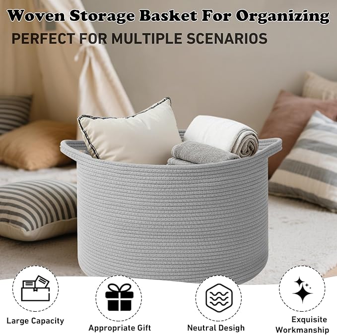 Large Storage Basket with Handle,23.6" x 23.6" x 15.7" Blanket Basket Storage Bins for Organizing,65L Cotton Rope Woven Baskets for Living Room, Nursery,Bedroom,Light Gry