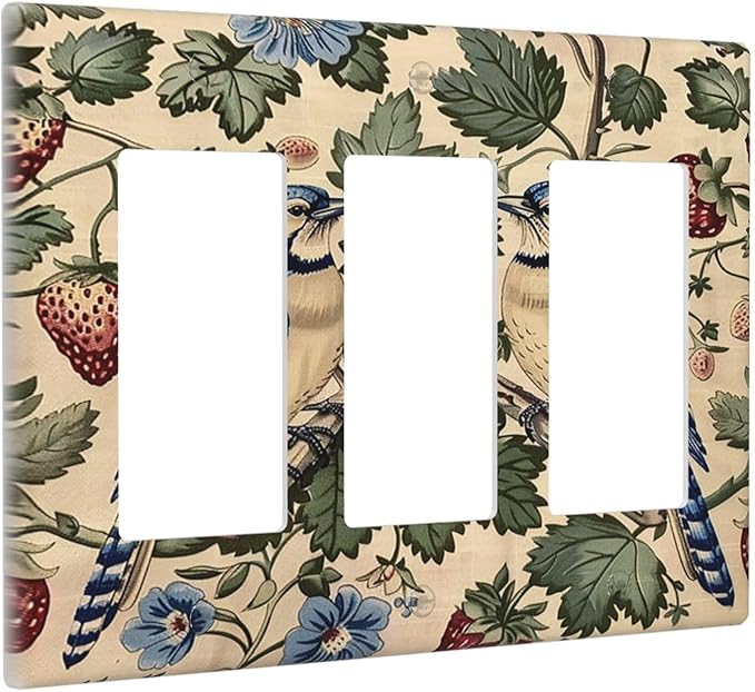 Light Switch Covers Vintage Floral Bird Strawberry Thief William Morris 3 Gang Rocker Electrical GFCI Decorative Triple Outlet Wall Plate Cover Switchplate for Bedroom Home Decor