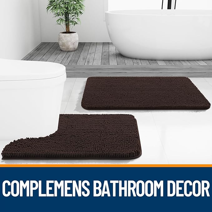 OLANLY Bathroom Rugs Sets 2 Piece, Soft Absorbent Chenille Bath Mats and U-Shaped Contour Toilet Mat Area Rug Set, Machine Washable Bath Carpet, Home Decor Accessories(30"x20"+24"x20", Brown)