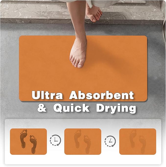 Bathroom Mat Quick Dry, Bathroom Rugs Non Slip Washable Thin Absorbent Bath Mat Fits Under Door Bathroom Floor Mat Perfect for Bath, Shower, or Sink 24"x36" Orange