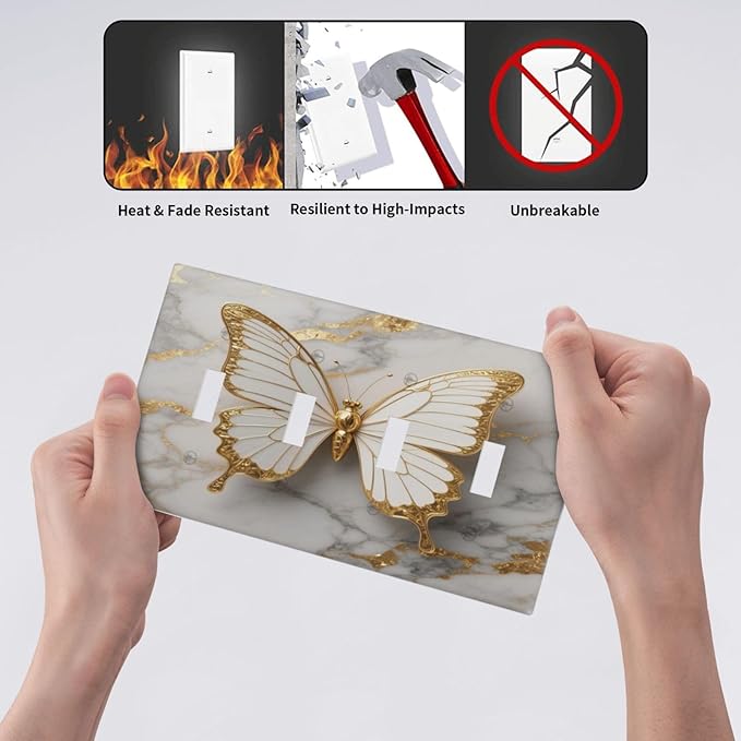 Gold Marble Shine Butterfly Abstract Modern Print Light Switch Covers Quad Toggle Electrical Faceplate 4 Gang Wall Plate Decorative Switch Plates for Bed Room Bathroom Decor