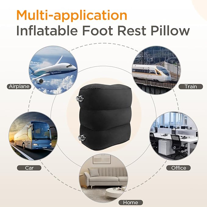 HOMCA Inflatable Travel Foot Rest Pillow (2-Pack) Adjustable Height Leg Pillow Fast Inflating Airplane Bed for Toddlers Footrest Pillow for Office, Airplane, Train, Cars, Home (Grey)