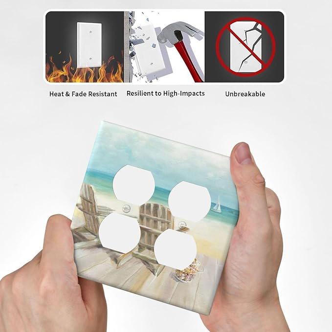 Decorative Light Switch Cover Plate Beach Chair Seascape Blue Ocean Modern Coastal 2 Gang Socket Covers Double Duplex Wallplates Switch Plates and Outlet Covers for Bathroom Home Decor