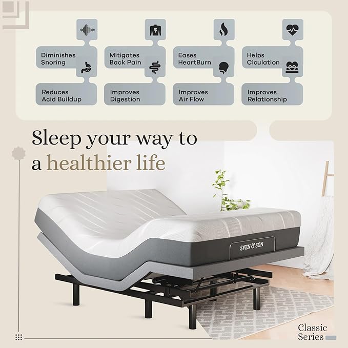 Sven & Son Classic Adjustable Bed Base, Head and Foot Lift, Massage, Under-Bed Lights, USB, Gel Memory, Zero Gravity Smart Frame - Full + 10 inch Memory Foam Matt (Firm)