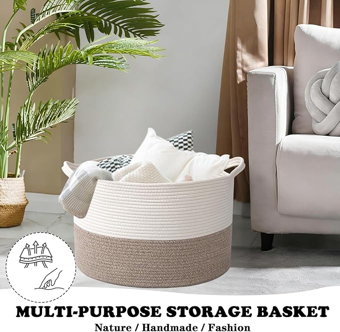 Large Storage Basket with Handle,23.6" x 23.6" x 15.7" Blanket Basket Storage Bins for Organizing,65L Cotton Rope Woven Baskets for Living Room, Nursery ,Bedroom,White&Brown