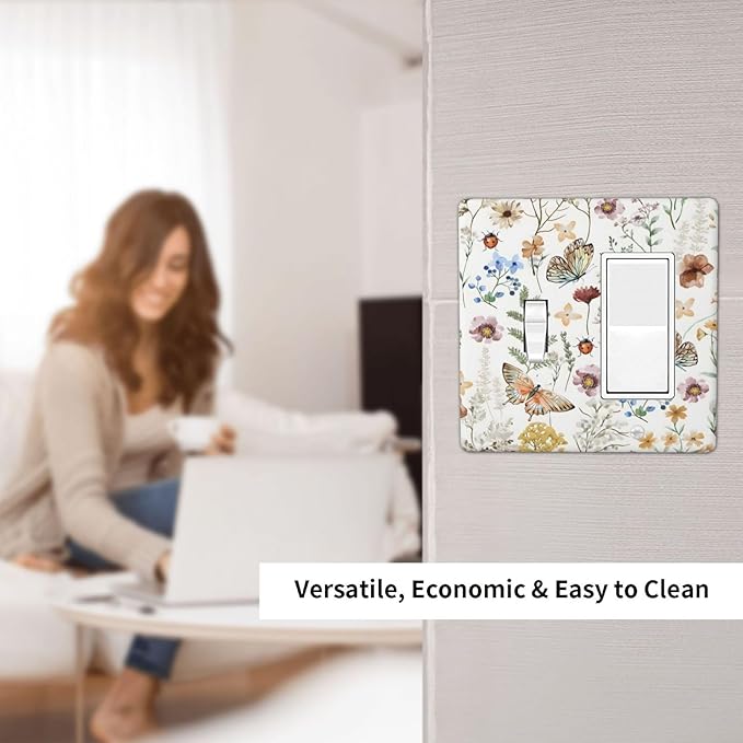 Boho Multicolor Flower Butterfly Insect Floral Outlet Covers 1 Toggle 1 Rocker Combination Decorative Wall Plate Electrical Switch Plates Light Switch Cover Plate for Bedroom Living Room Decor