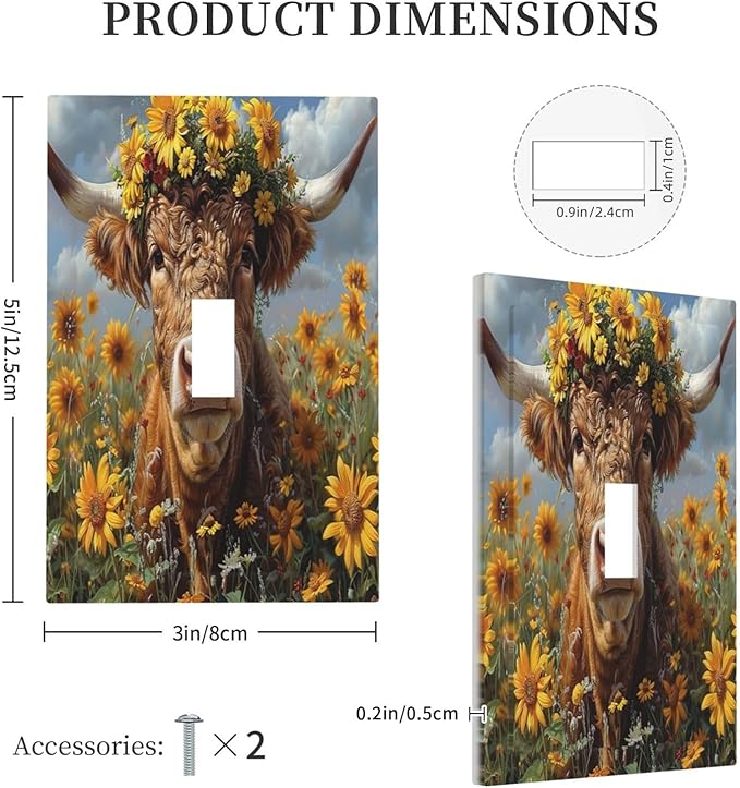 Decorative Light Switch Cover Vintage Sunflower Highland Cow Rustic Art 1 Gang Single Toggle Device Electrical Faceplate Switchplates Decorator Outlet Wall Plate for Bedroom Farmhouse Decor