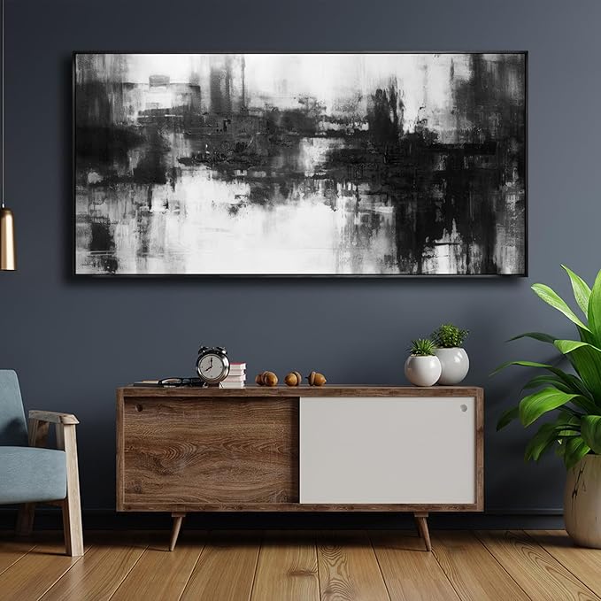 Abstract Wall Art Large Size Framed Home Artwork Decor Black and White Modern Minimalist Canvas Painting Living Room Decor for Bedroom Office Wall Decor 29"x58"