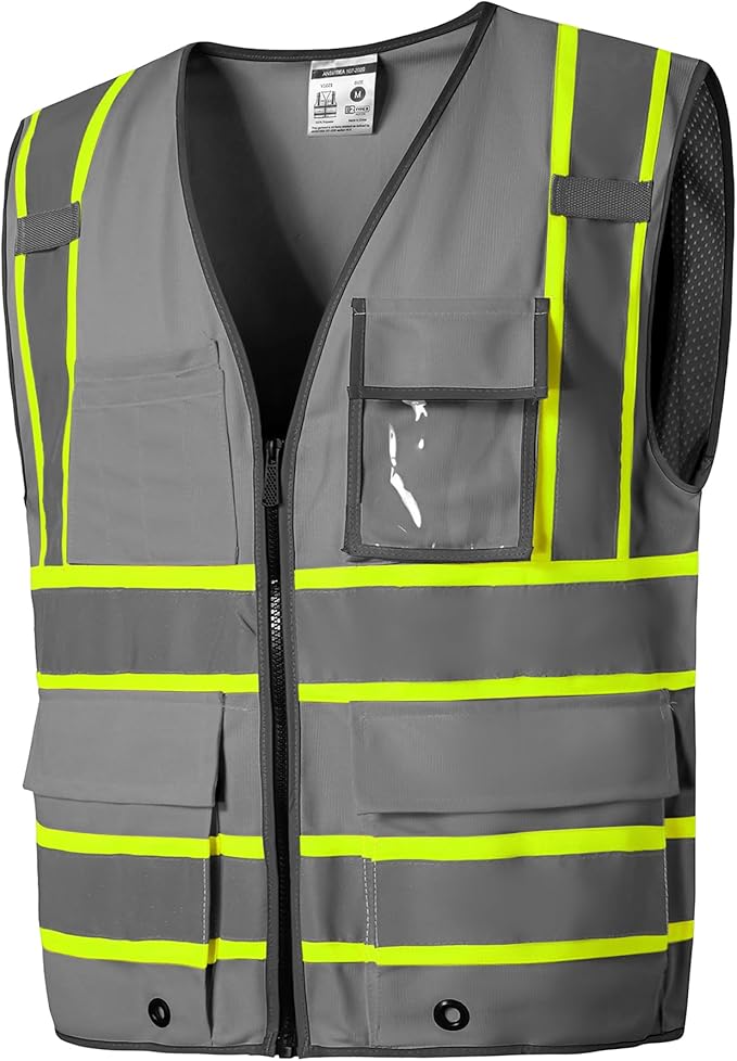 SKSAFETY 10 Pockets Safety Vest, Class 2 High Visibility Security with Zipper, Hi Vis Vest with Reflective Strips, ANSI/ISEA Standard, Construction Work Vest for Men ＆ Women （Grey,M）