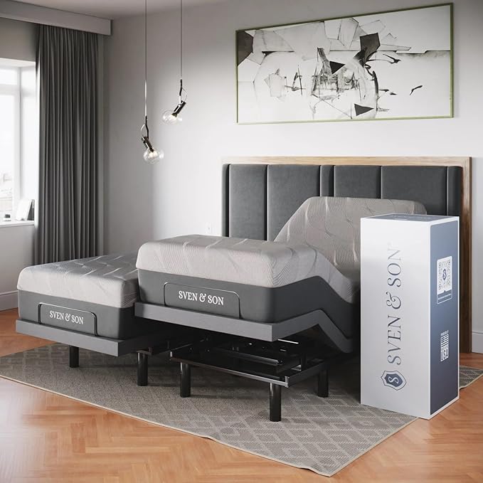 Sven & Son Classic Adjustable Bed Base, Head and Foot Lift, Massage, Under-Bed Lights, USB, Gel Memory, Zero Gravity Smart Frame - Split California King + 14 inch Hybrid Spring Matt (Medium Soft)