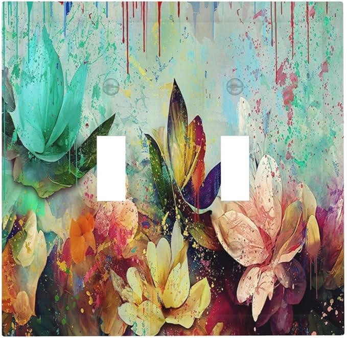 Light Switch Cover Watercolor Flower Colorful Floral 2 Gang Wall Plate Double Light Switch Plate Toggle Decorative Outlet Covers Electrical Switchplate for Bathroom Bedroom Decor