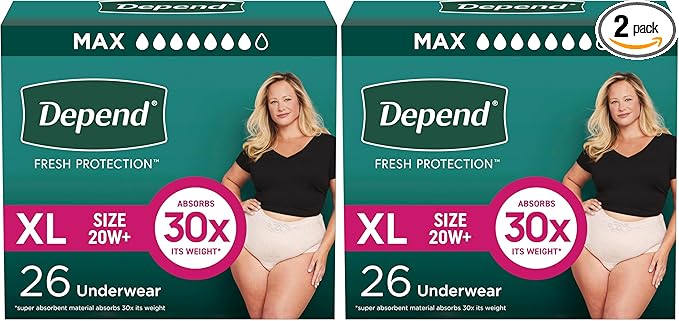 Depend Incontinence Underwear for Women, Extra-Large, 26 Count | Maximum Absorption | Disposable | Blush | Pack of 2