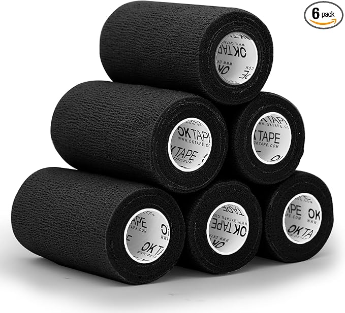 OK TAPE Self Adherent Cohesive Bandages Wrap - 6Packs, 4" x 5 Yards, Non-Woven Self Adhesive Bandage Wrap for Thumb, Finger, Wrist, Ankle, Vet Wrap Bandages Tape (Black)