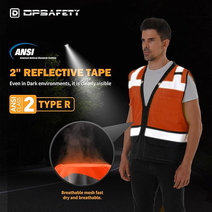 Reflective Safety vest With back plan pocket,High visibility Class 2 Heavy Duty Surveyor Vest with Zipper,Hi Vis Construction Work Vest for Men＆Women ANSI/ISEA(Orange-Bottom,2XL)