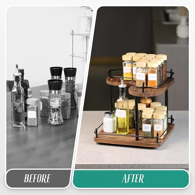Wooden Spice Rack Organizer Lazy Susans Rotating Countertop 2 Tiered Display Shelf Kitchen Adjustable Height Spinning Spice Rack 11.8INCH Large Capacity Pine Wooden Spice gift set