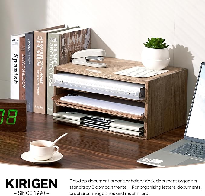 KIRIGEN Wooden Desktop Organizer Paper Storage Letter Tray File Sorter - Desk Rack Magazine File Dividers Holders for Home Office Accessories with 3 Layer Trays Dark Brown (3KWJG-DBR)