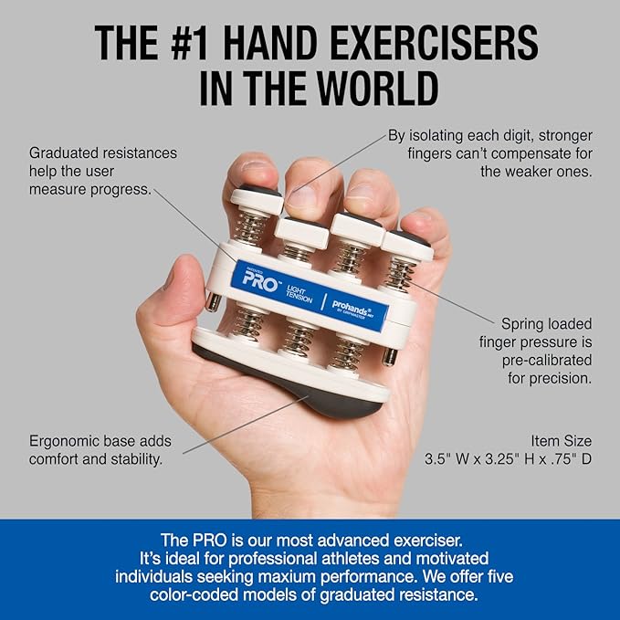 Prohands PRO Hand Exerciser, Finger Exerciser (Hand Grip Strengthener), Spring-Loaded, Finger-Piston System, Isolate and Exercise Each Finger