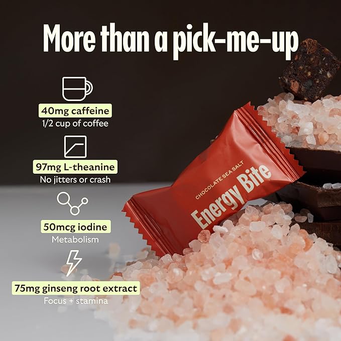 GEM Energy Caffeinated Bite, 40mg Caffeine, Ginseng Root, L-Theanine, Holistic Sustained Energy, Supports Metabolism, Stamina & Endurance | Chocolate Cacao Sea Salt | 28 Servings