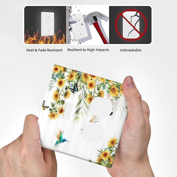 Yellow Sunflower Butterfly with Bird Decorative Light Switch Cover Plate 1 Toggle/1 Duplex Outlet Covers 2 Gang Combo Gfci Wall Plate Electrical Receptacle Switchplate for Bathroom Decor