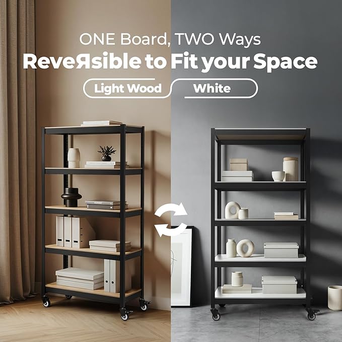 HOMEDANT House 5-Tier Metal Rolling Cart Shelf Rack Casters Heavy Duty Laminated Wheel Shelving Unit Adjustable Utility Storage Shelves Organizer Shelf Kitchen Garage (3, (L) 48.1" W, Black)