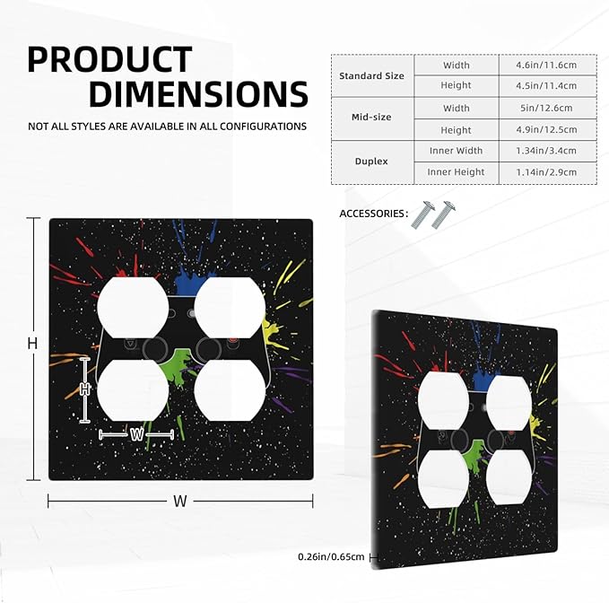 Classic Videogames Controller Black Splash Ink Colorful Outlet Covers 2 Gang Double Duplex Decorative Light Switch Covers Electrical Wallplates Socket Faceplate for Kids Room Nursery Decor