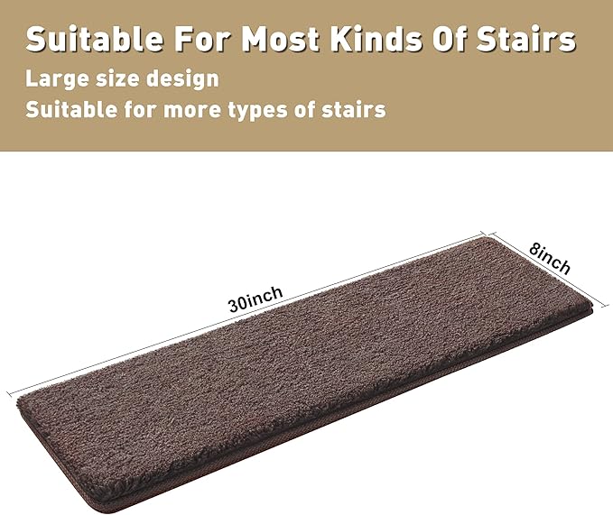 PURE ERA Carpet Stair Treads Ultra Plush 8" X 30" Soft Indoor Stair Protectors Pet-Friendly Non-Slip Skid Resistant Tape Free Washable Reusable(2 Pieces,Dark Brown)