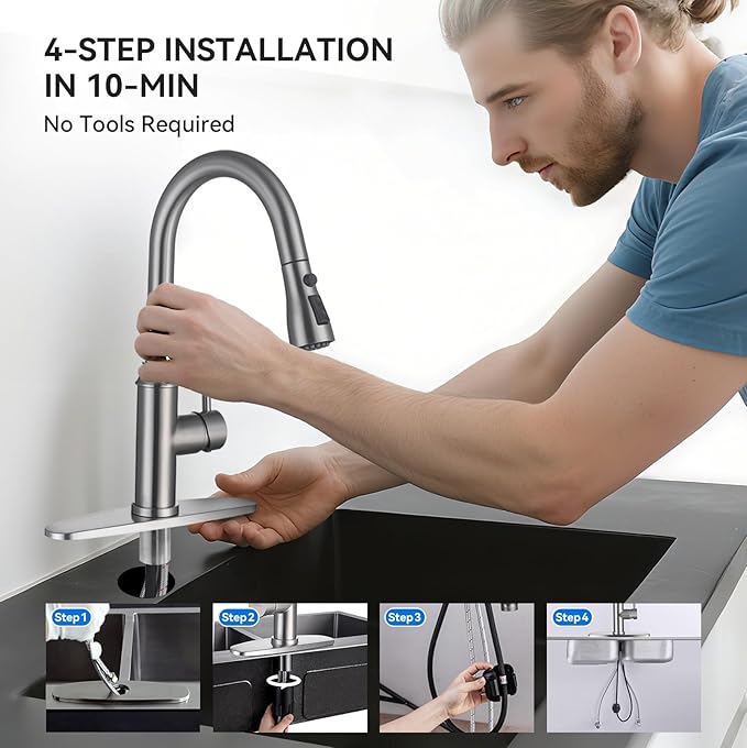 Arofa Kitchen Faucet with Pull Down Sprayer, Brushed Nickel Kitchen Sink Faucet 1-3 Hole Single Handle High Arc Stainless Steel Commercial Modern Kitchen Faucets for RV/Laundry/Outdoor/Farmhouse Sink